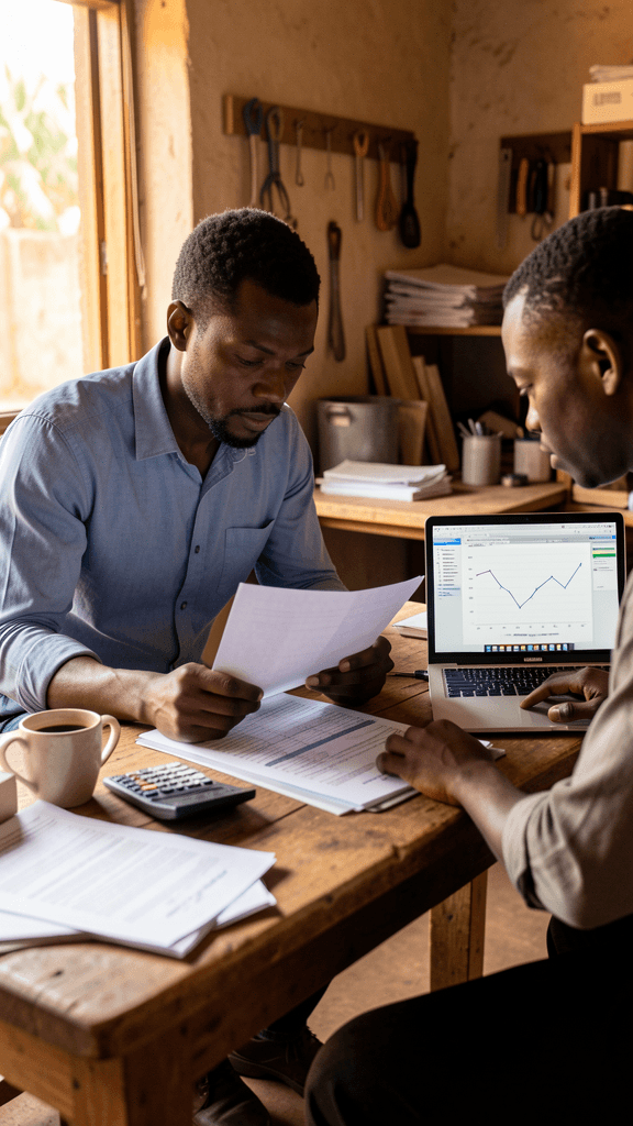 South African SME owners reviewing a cash-flow spreadsheet and planning a funding runway