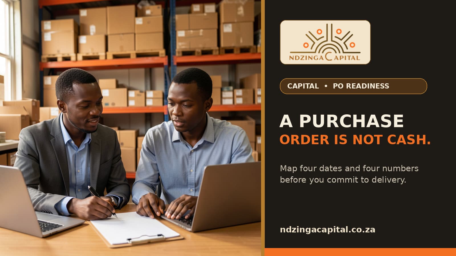 South African SME owner and operations manager mapping supplier, delivery and buyer-payment dates