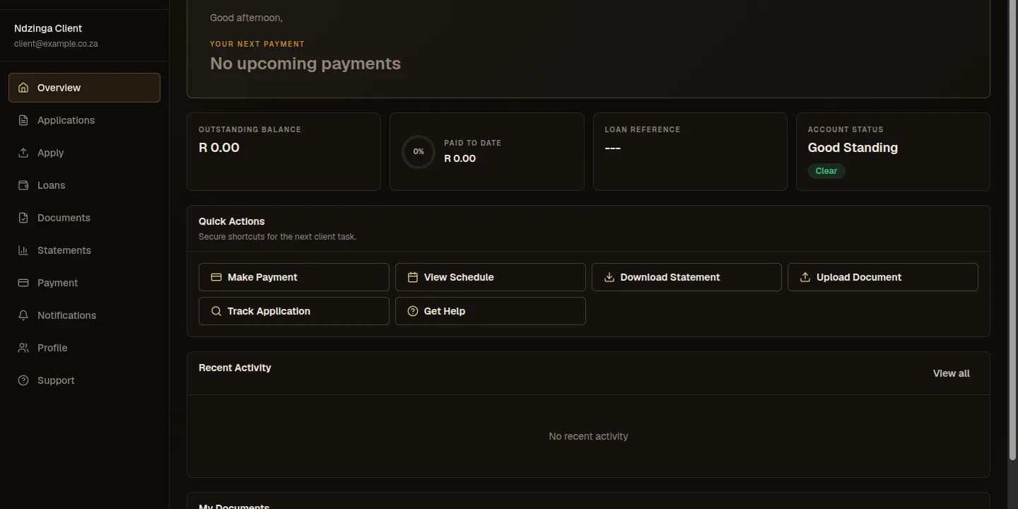 The Ndzinga Capital client portal dashboard